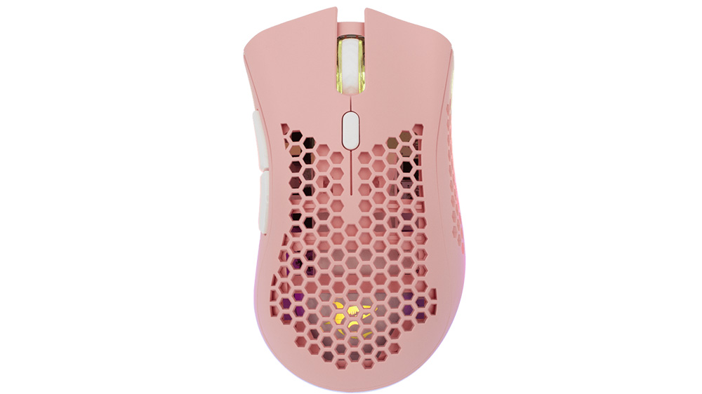 Myš White Shark Lionel WGM-5012 Pink v růžovém provedení na bílém pozadí zobrazující ergonomický design zeshora